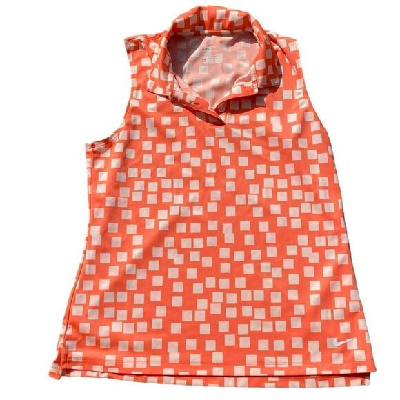 Nike Logo Wm’s Sz Med Dri Fit Orange White Checkerboard Sleeveless Golf Polo - Picture 1 of 5